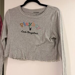PLAYBOY Grey Cropped Long-Sleeve Top with Multicolor Logo